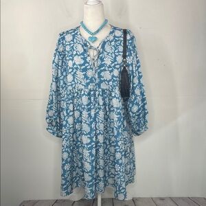 Gossip Fashion Floral Blue Boho Mini Peasant Dress size Large\XL